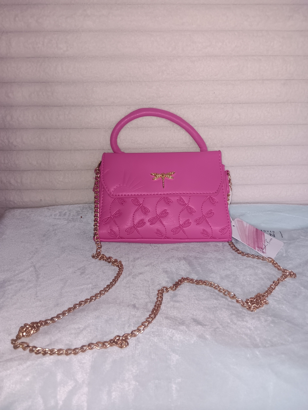 Pink Dragonfly-Embossed Top-Handle Crossbody Bag